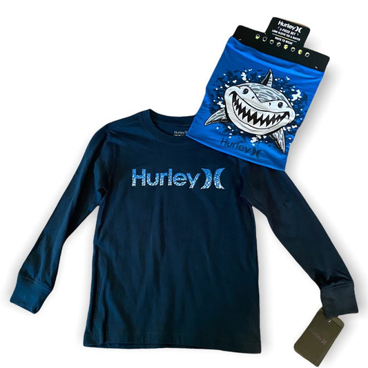 Blue long-sleeve Hurley shirt with shark graphic and packaging on a white background