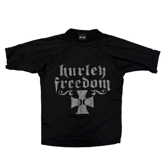 Black rashguard with 'Hurley Freedom' logo on a white background