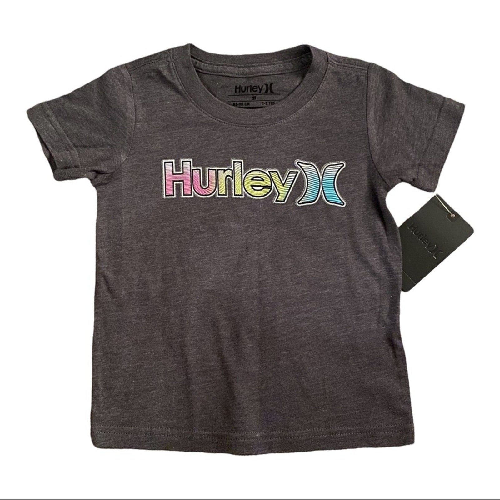 Front of Gray t-shirt with Hurley logo on a white background