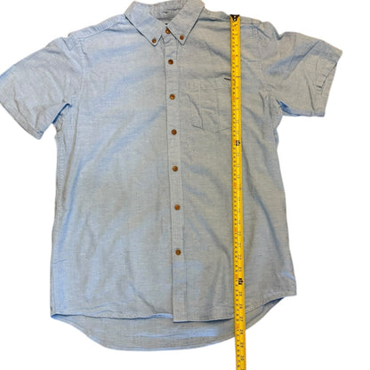 Short-sleeve button-up shirt with a measuring tape for size reference on a white background