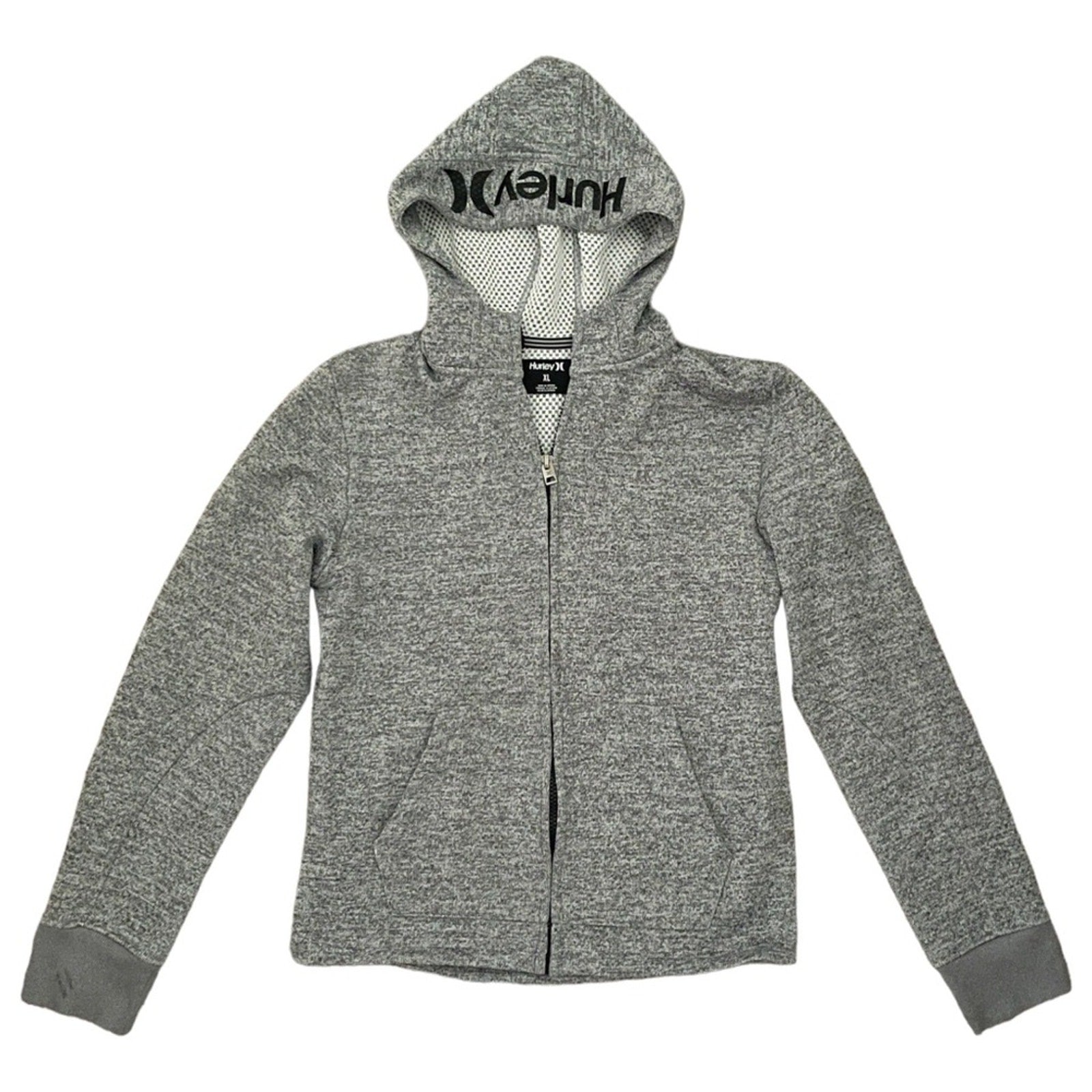 Gray Hurley Nike Therma Fit zip front hoodie with hood, featuring the brand name 'Hurley' across the hood and a small 'Nike' logo on the back bottom. The hoodie has two front pockets and appears to be made from a fleece fabric.