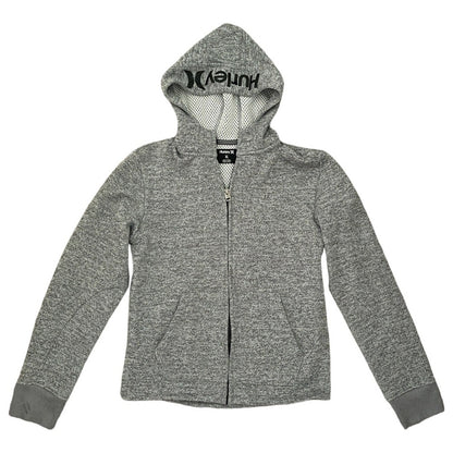Gray Hurley Nike Therma Fit zip front hoodie with hood, featuring the brand name 'Hurley' across the hood and a small 'Nike' logo on the back bottom. The hoodie has two front pockets and appears to be made from a fleece fabric.