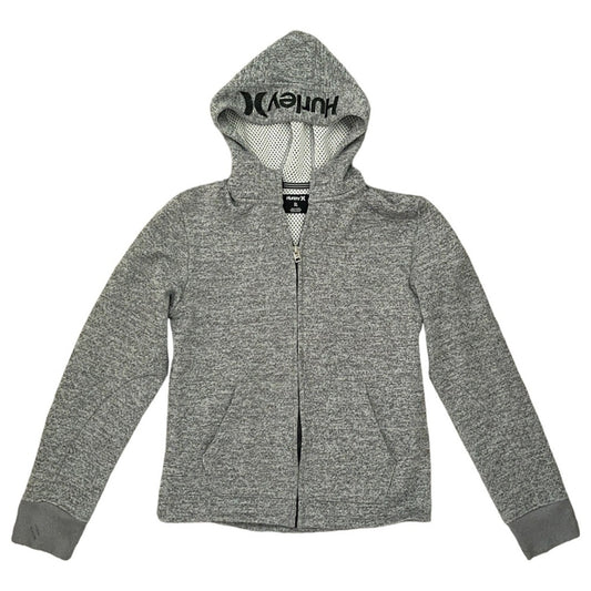 Gray Hurley Nike Therma Fit zip front hoodie with hood, featuring the brand name 'Hurley' across the hood and a small 'Nike' logo on the back bottom. The hoodie has two front pockets and appears to be made from a fleece fabric.