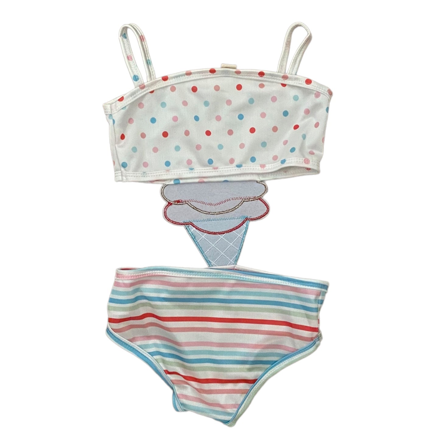 Back of polka dot top and striped bottom on a white background