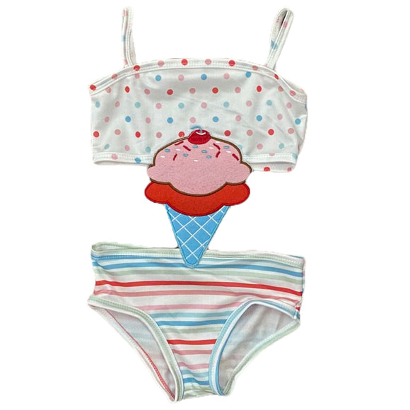 Front of Children's swimsuit with ice cream cone design on a white background