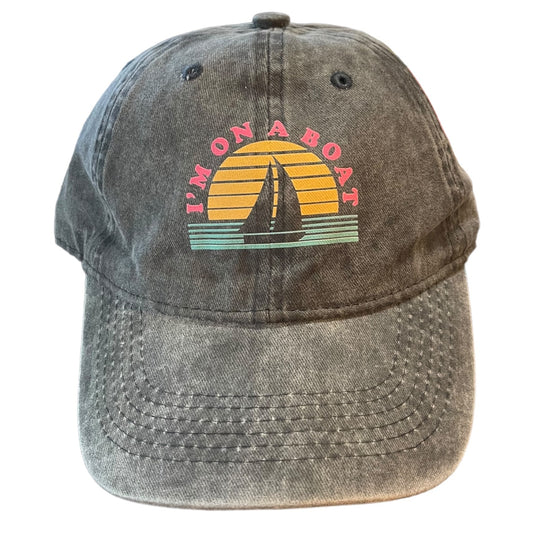 Gray cap with a colorful graphic and text 'I'm on a boat' on a white background