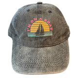 Gray cap with a colorful graphic and text 'I'm on a boat' on a white background