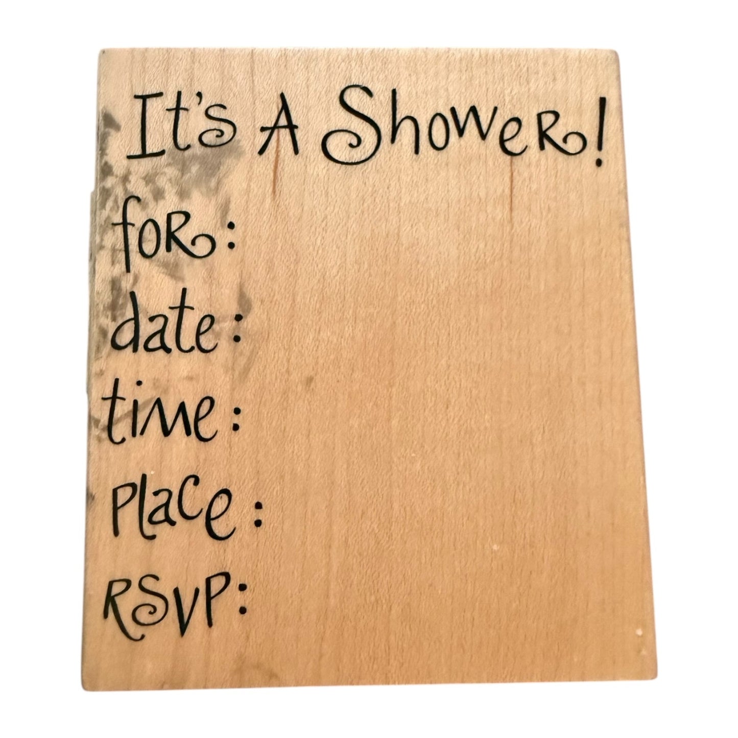 Wooden sign with handwritten text for a shower invitation on a white background