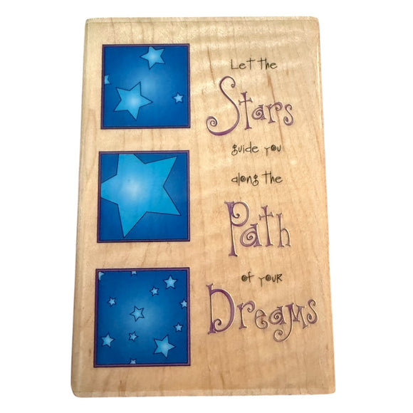 Wooden plaque with blue star designs and motivational text on a white background