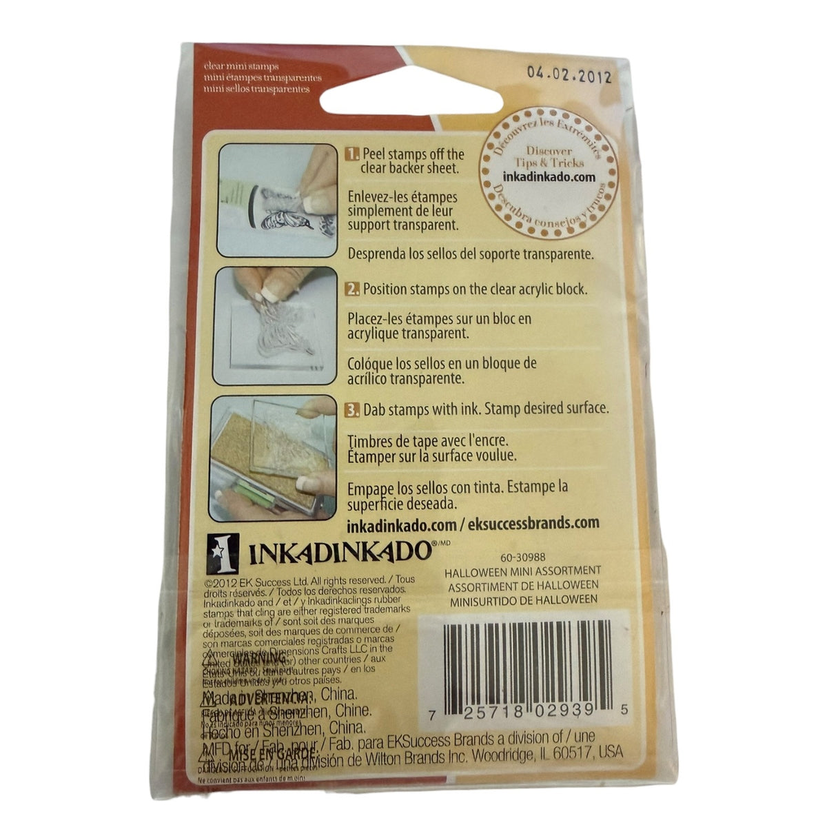 Back of a packaging for Inkadinkado stamps with instructions and branding.
