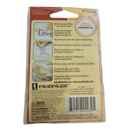 Back of a packaging for Inkadinkado stamps with instructions and branding.
