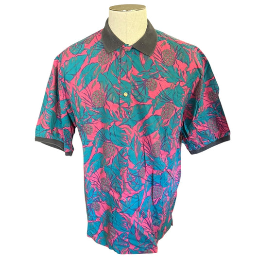 Colorful patterned shirt on a mannequin against a white background