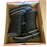 Black winter boots with reflective stripes in a cardboard box