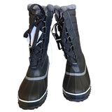 Front of Pair of black winter boots with reflective stripes on a white background