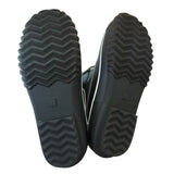 Close-up of black rubber shoes with zigzag tread pattern on a white background