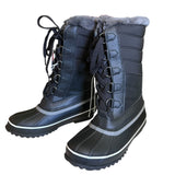 Front side of black boots on white background