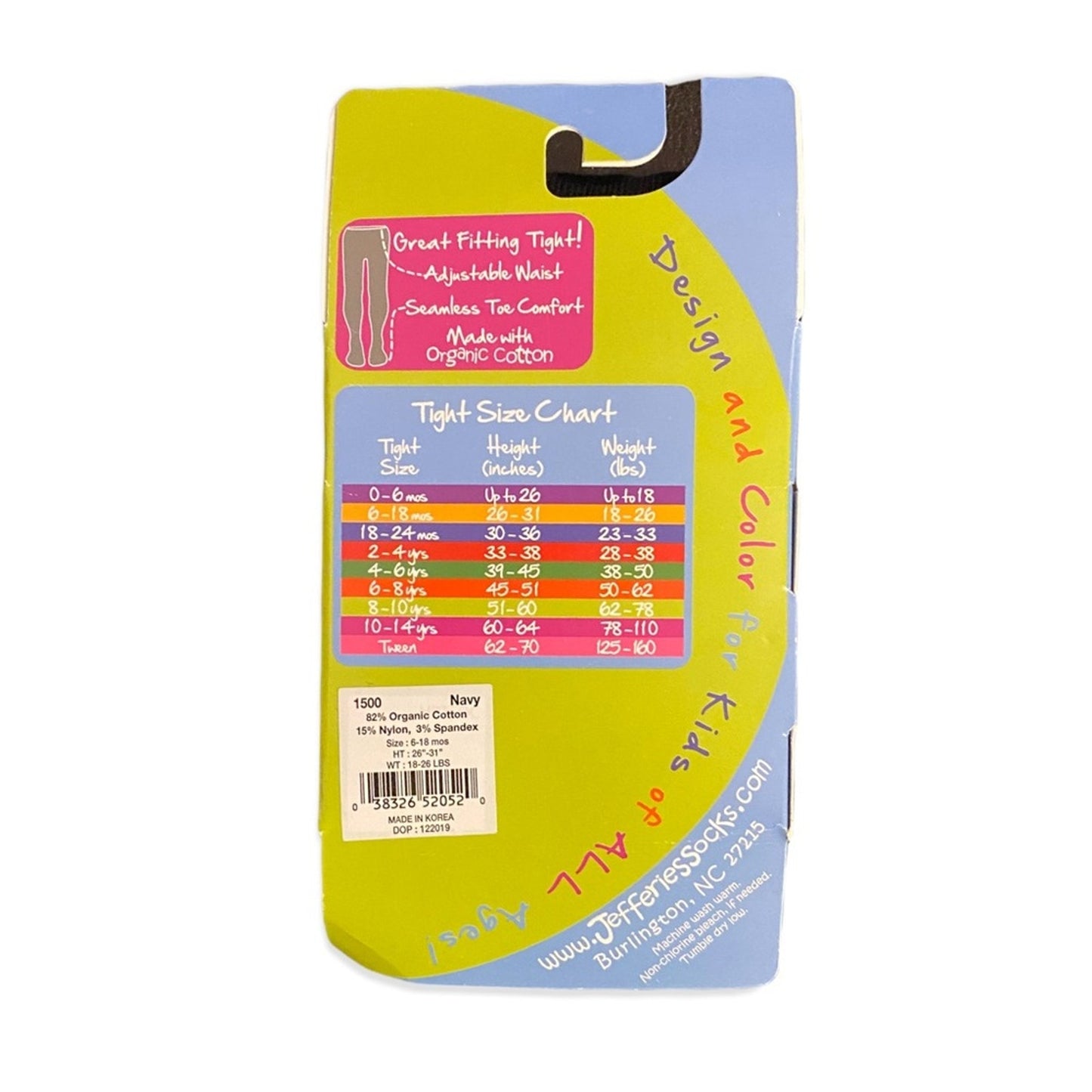 Packaging of a product with a size chart on a white background