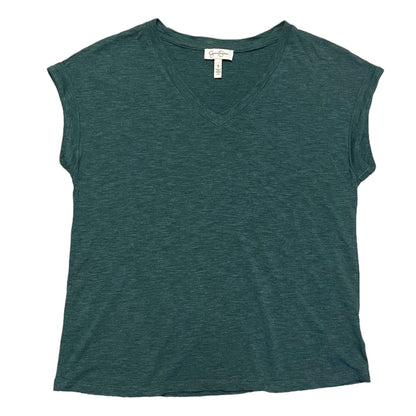 A dark green V-neck short-sleeve crop top with a visible Gildan brand tag inside the collar, shown flat on a white background.