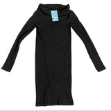 Dark green ribbed dress with a tag on a white background