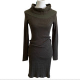 Dark green ribbed knit dress on a mannequin against a white background