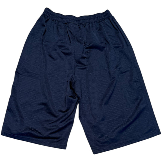 Back of Navy blue shorts on a white background