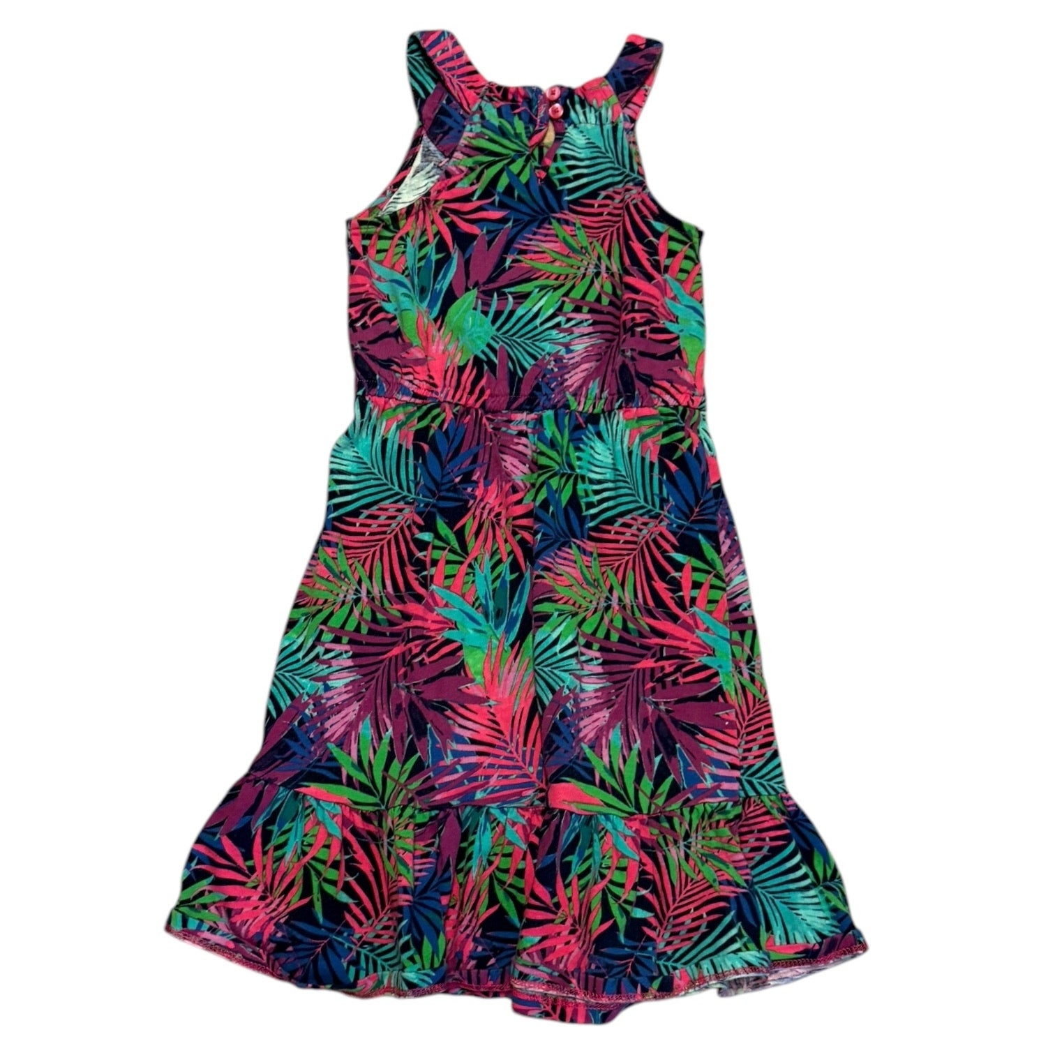 Back of Colorful tropical leaf patterned dress on a white background