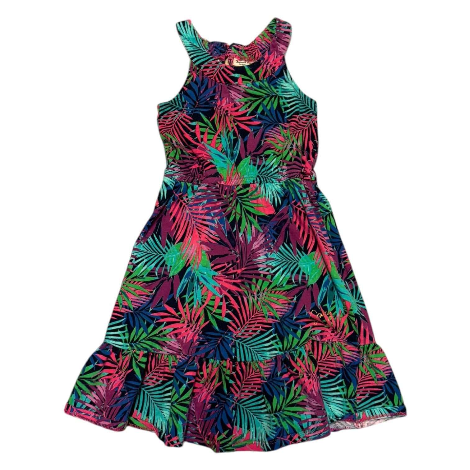Front of Multicolored leaf patterned dress on a white background
