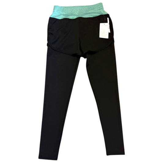 Front of Black leggings with a green waistband on a white background