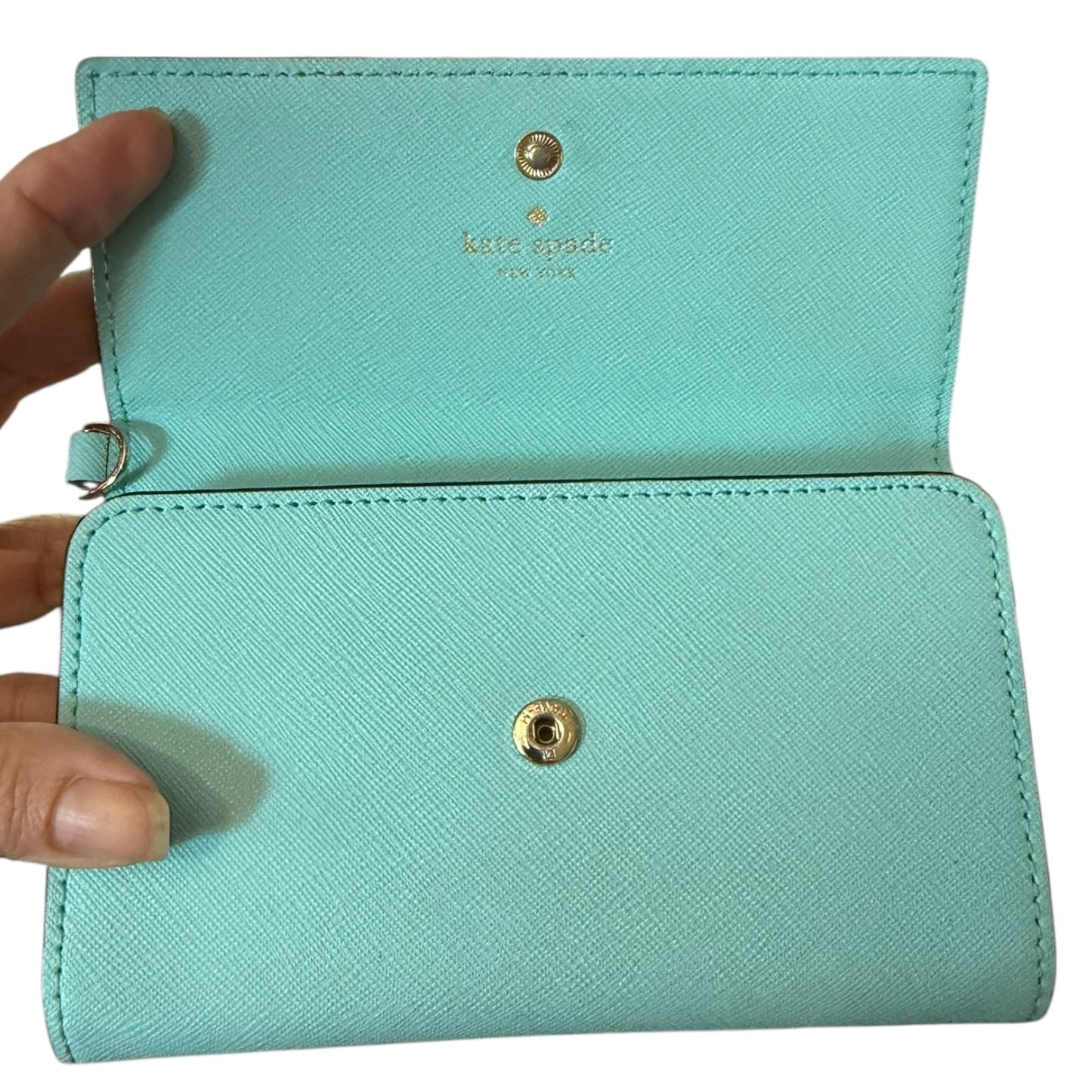 Baby blue wallet with gold accents held by a hand on a white background