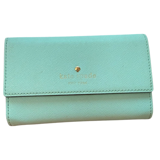 Baby blue wallet with gold logo on a white background