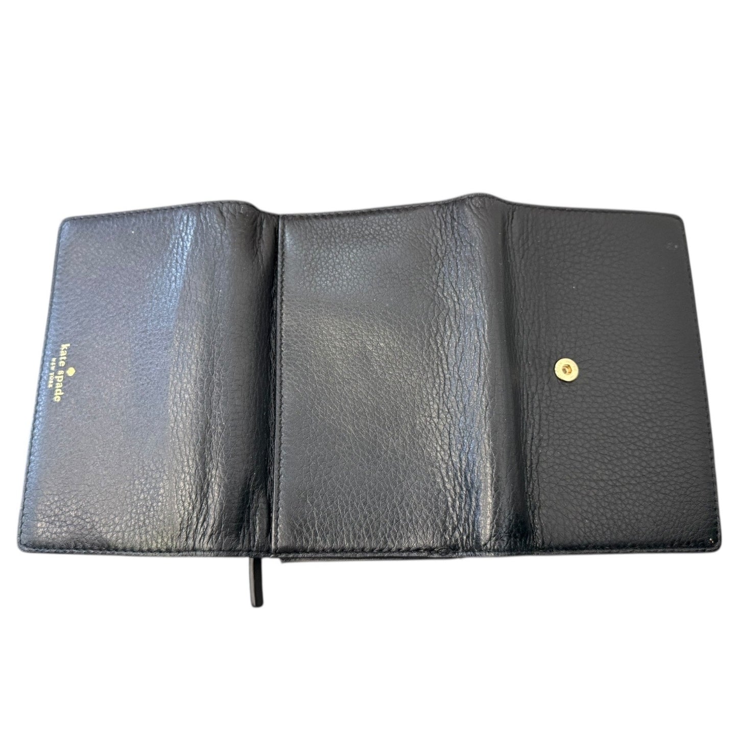 Black leather wallet with gold button on a white background