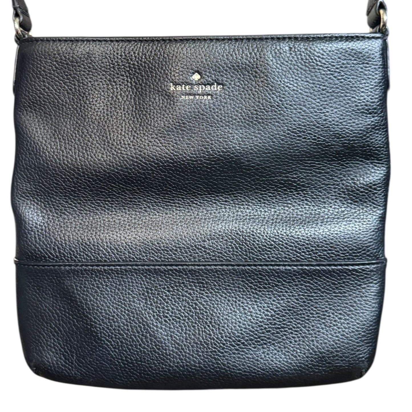 Front of Black leather handbag with Kate Spade logo on a white background
