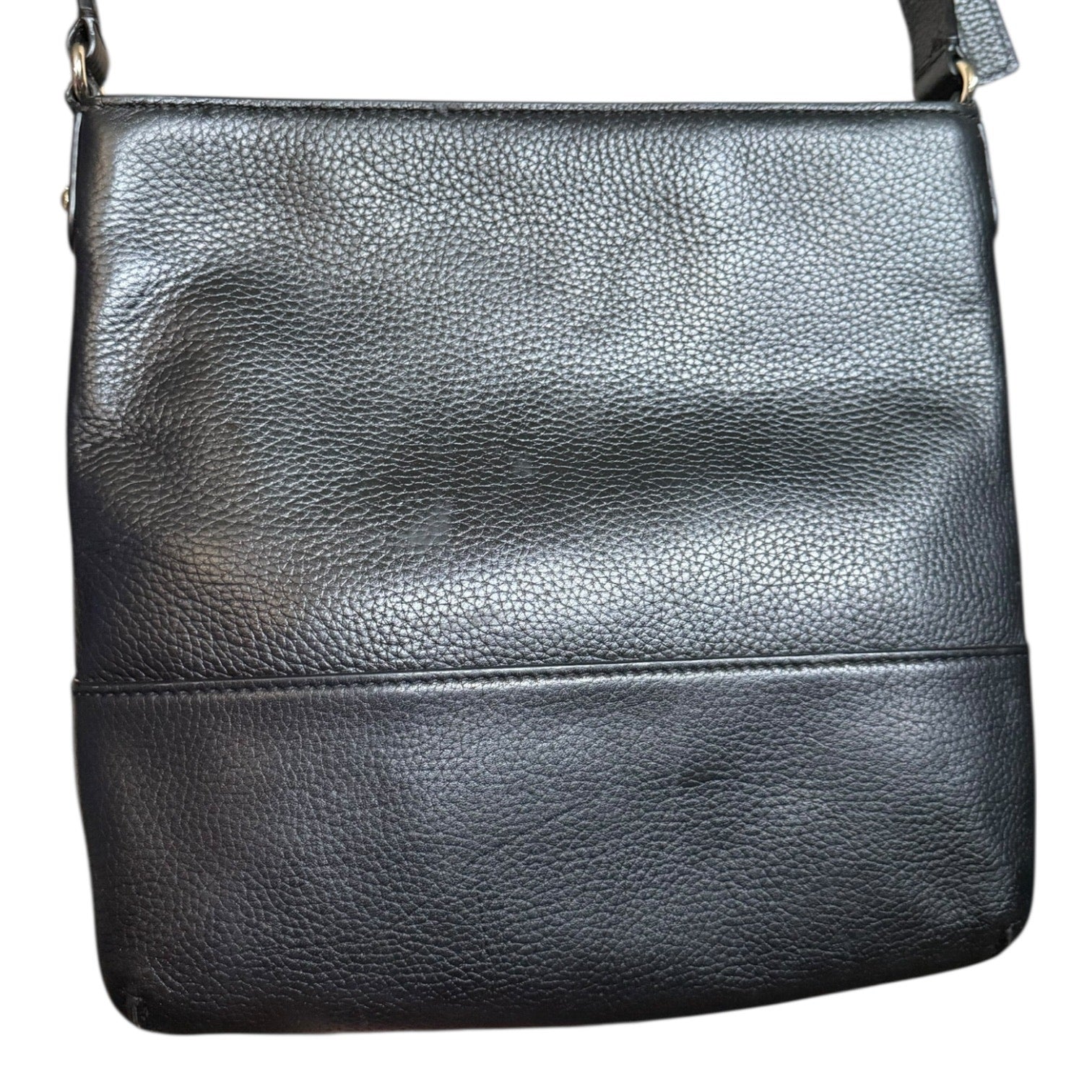 Back of Black leather handbag on a white background
