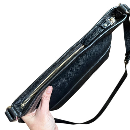 Top of Black leather bag held by a hand on a white background