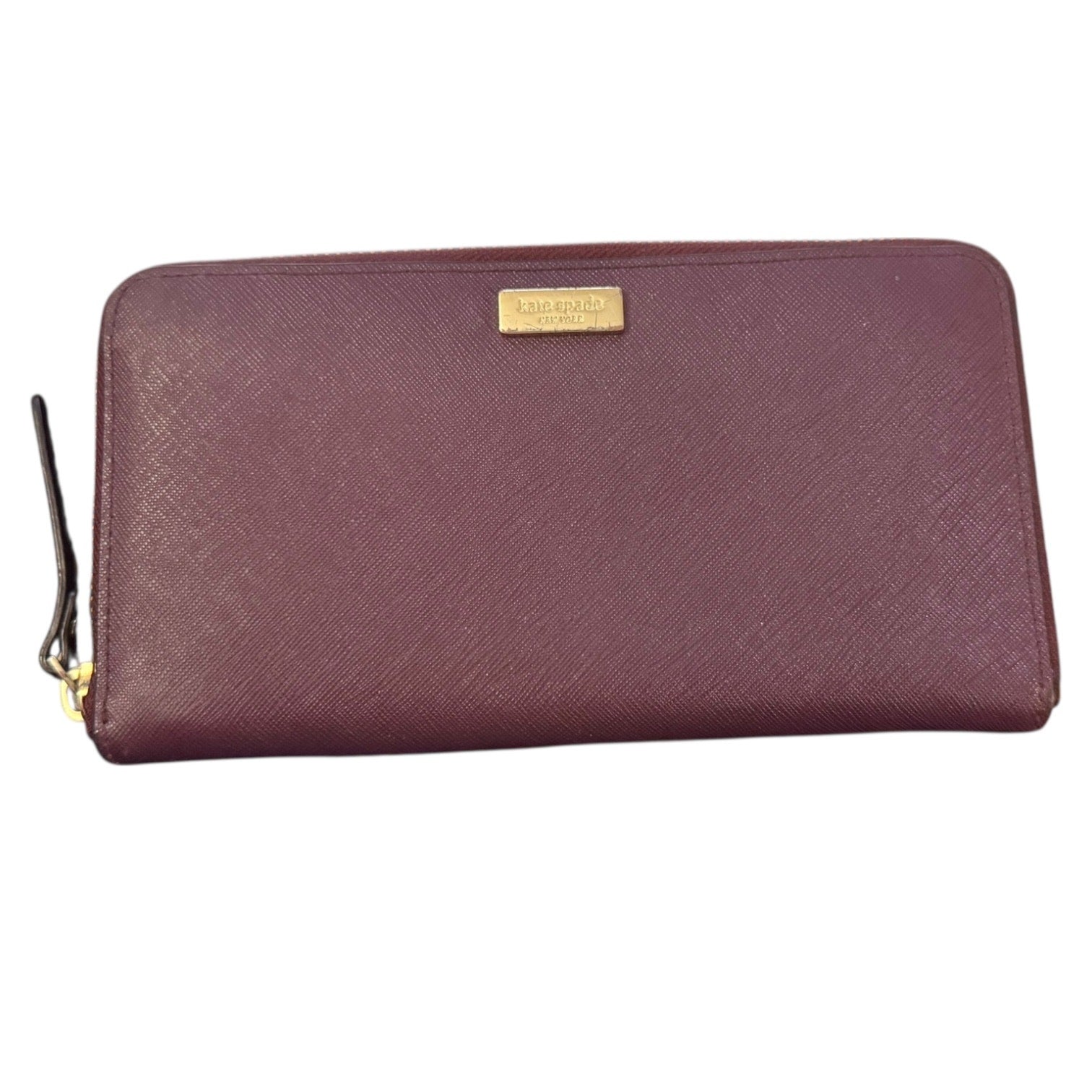 Maroon wallet with gold zipper and brand logo on a white background