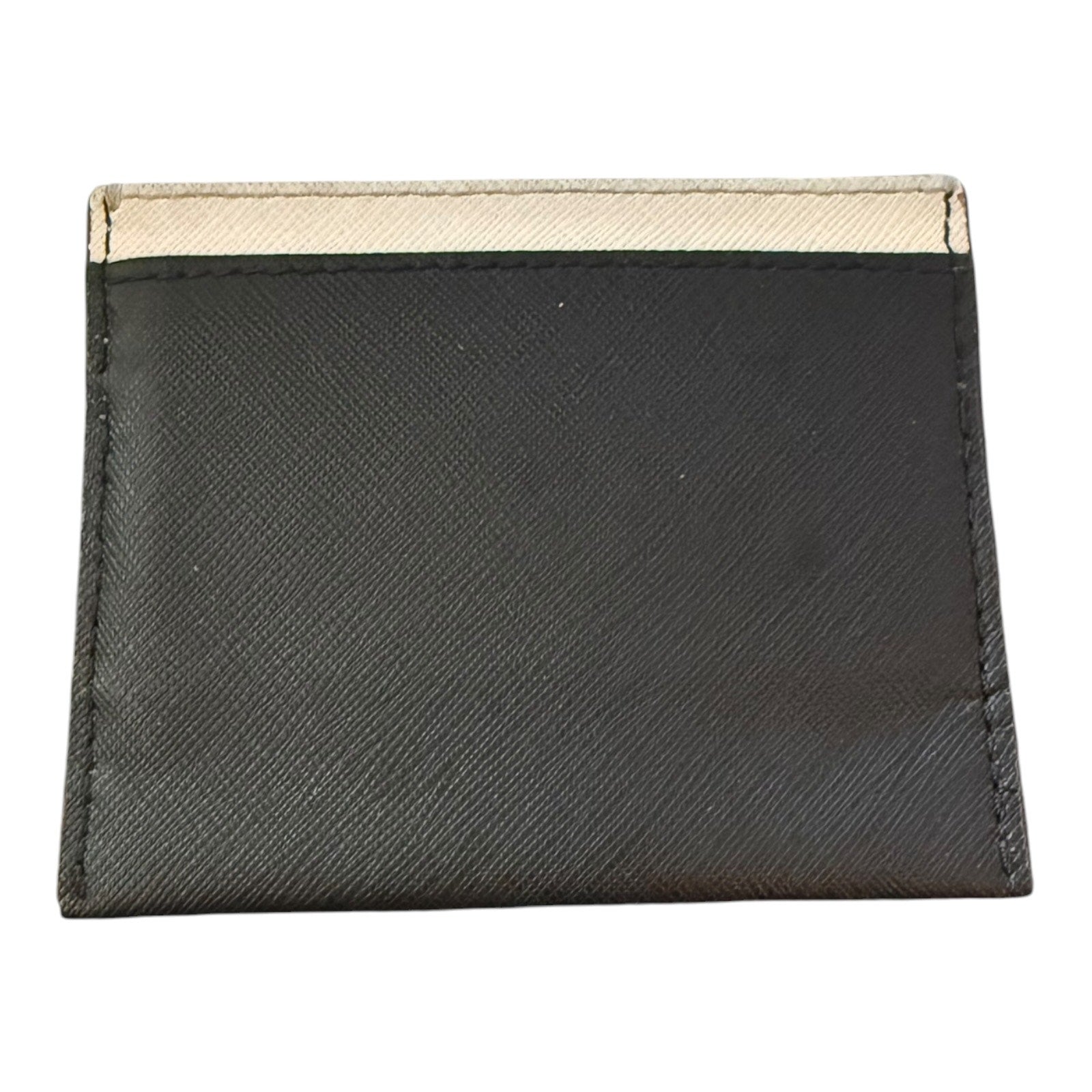 A black textured credit card wallet with a beige woven strip along the top edge, shown against a plain white background.