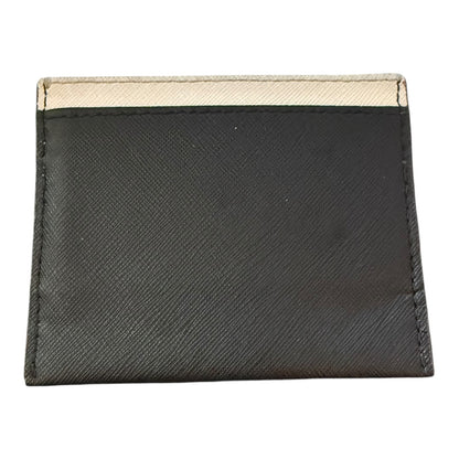 A black textured credit card wallet with a beige woven strip along the top edge, shown against a plain white background.