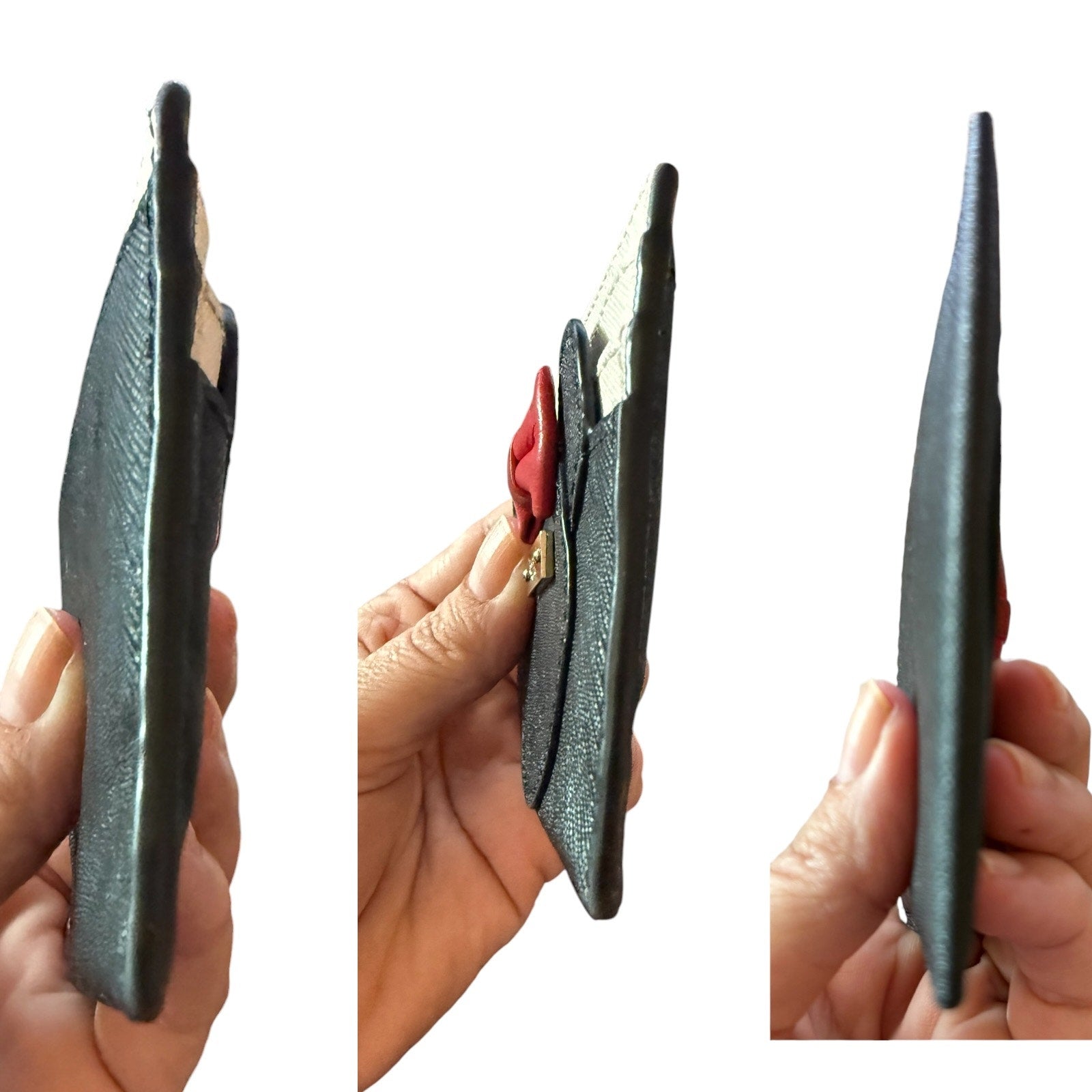 A black textured card holder wallet shown from three angles: side profile, Bottom, and side profile. .