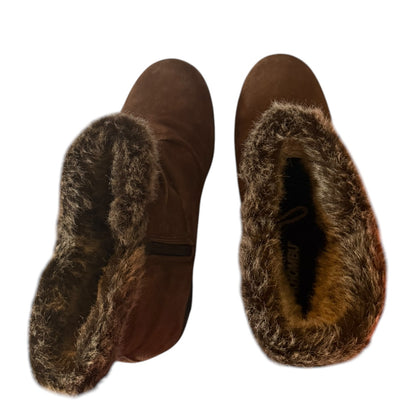 Top of a Pair of brown slippers with fur trim on a white background
