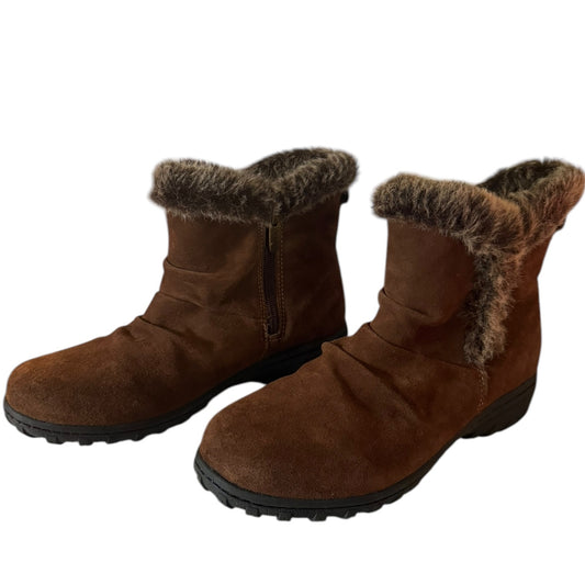 Pair of brown winter boots with fur trim on a white background