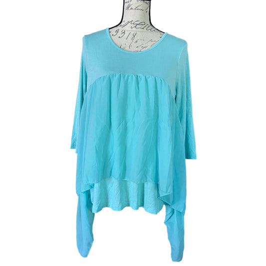Light blue long-sleeve top on a mannequin against a white background