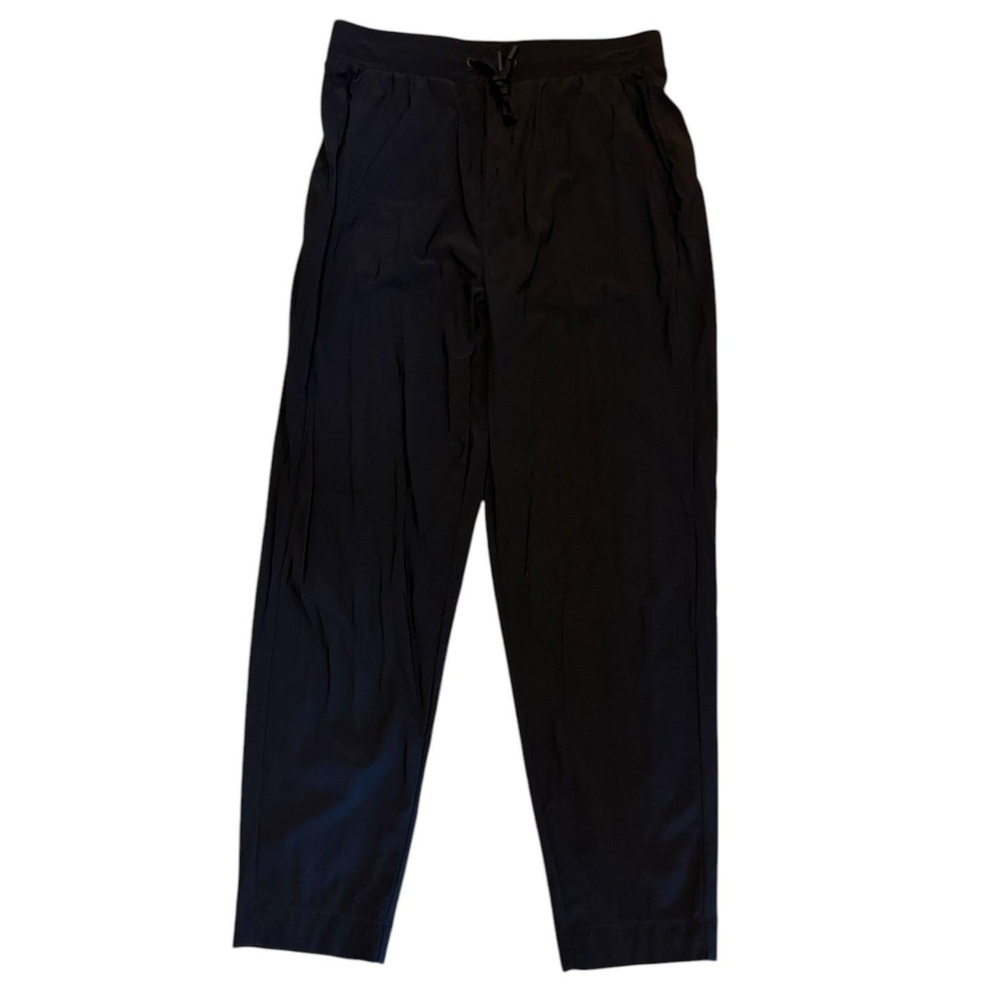 Black wide-leg cropped pants with a drawstring waistband, shown flat against a white background.