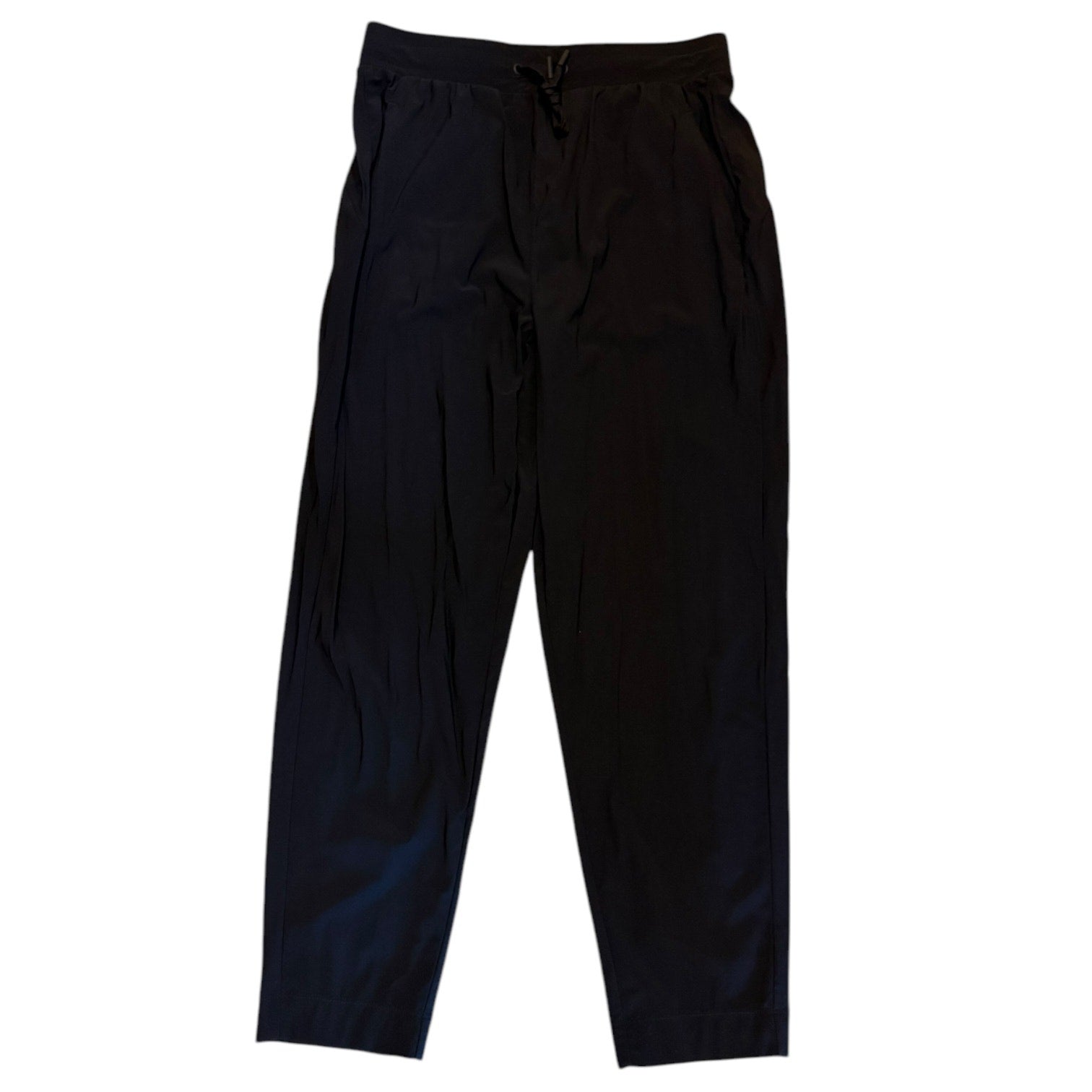 Black wide-leg cropped pants with a drawstring waistband, shown flat against a white background.