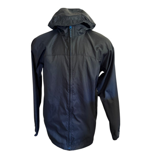 Front of black windbreaker with a hood on a white background