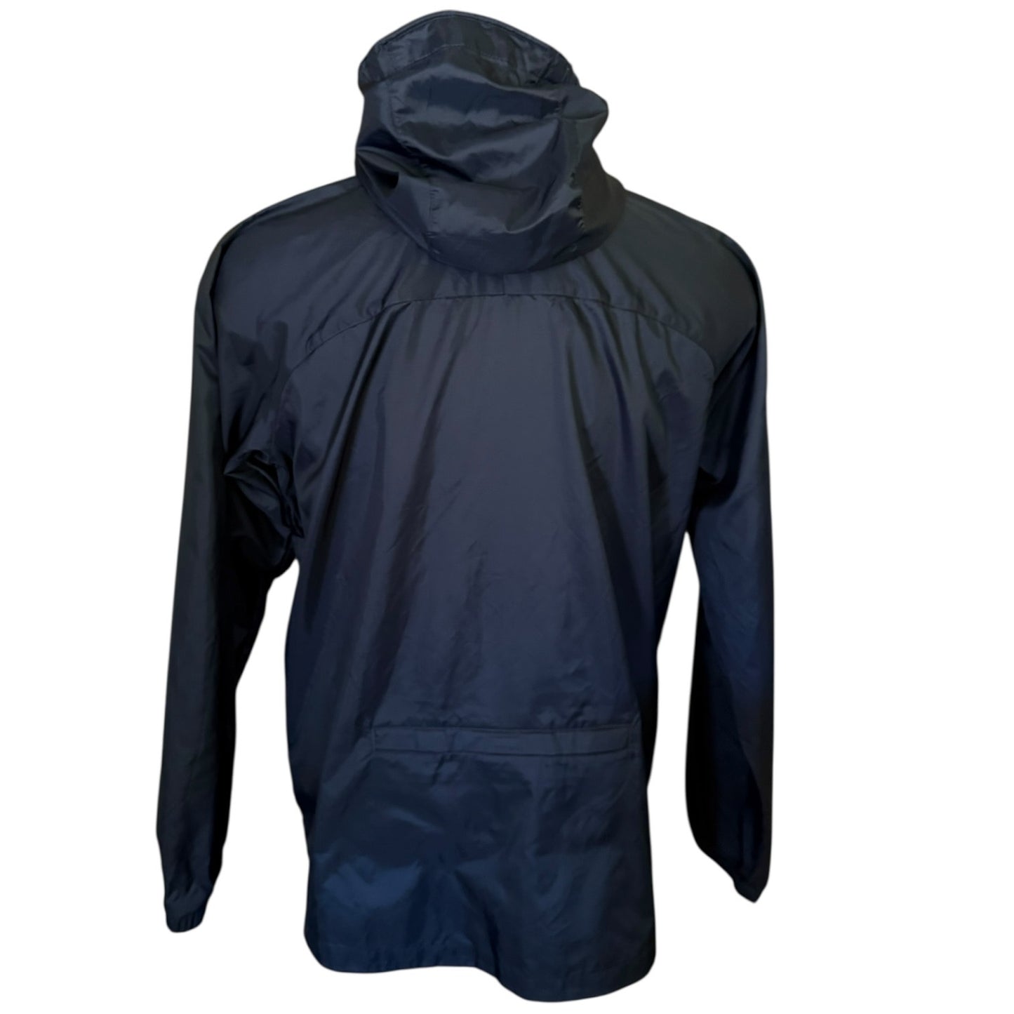 Back of black windbreaker with a hood on a white background