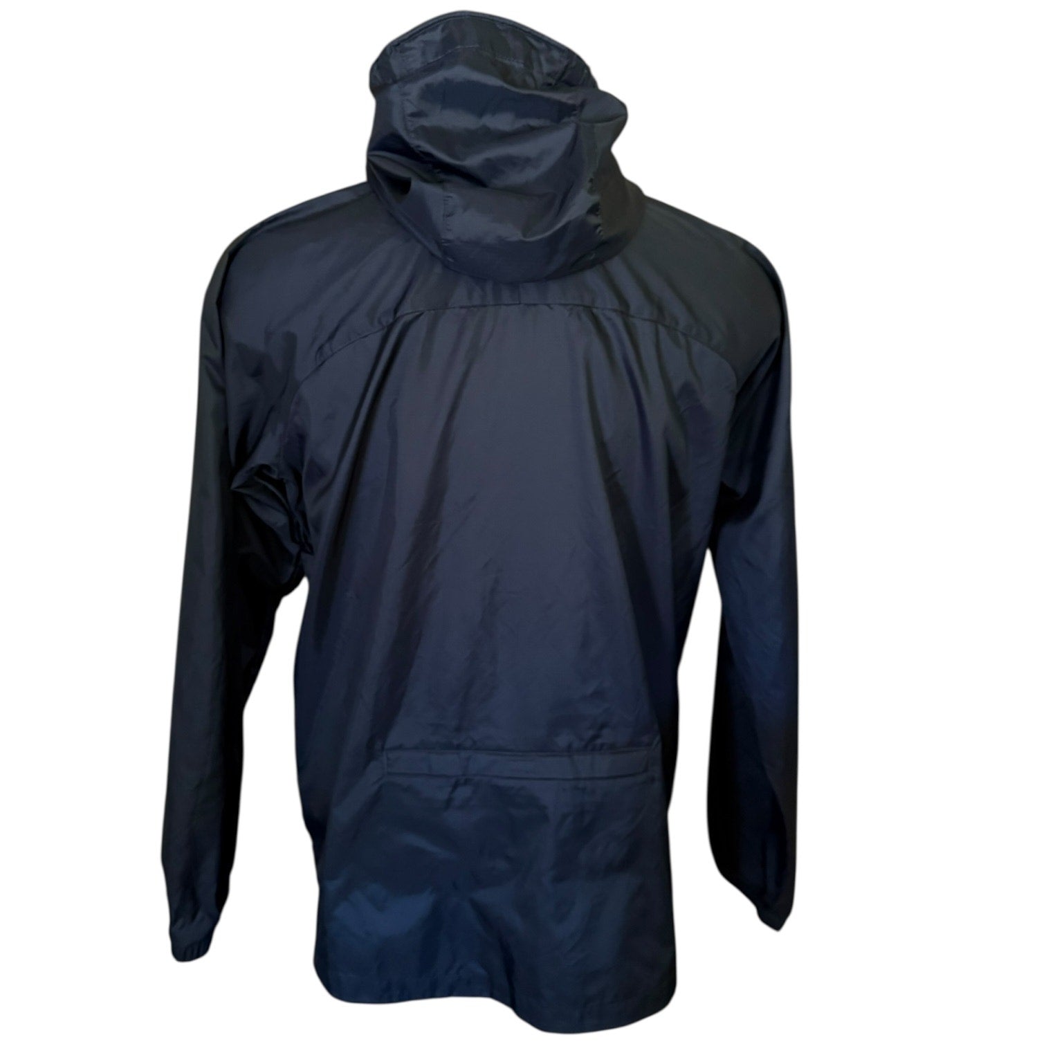 Back of black windbreaker with a hood on a white background