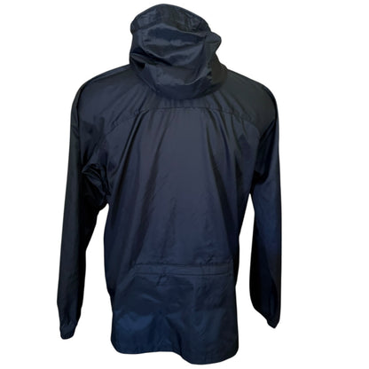 Back of black windbreaker with a hood on a white background