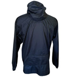 Back of black windbreaker with a hood on a white background