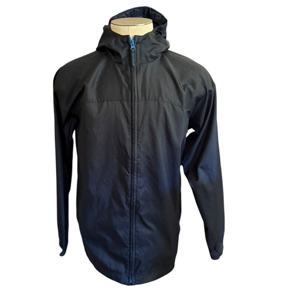 Front of Black raincoat on a mannequin against a white background