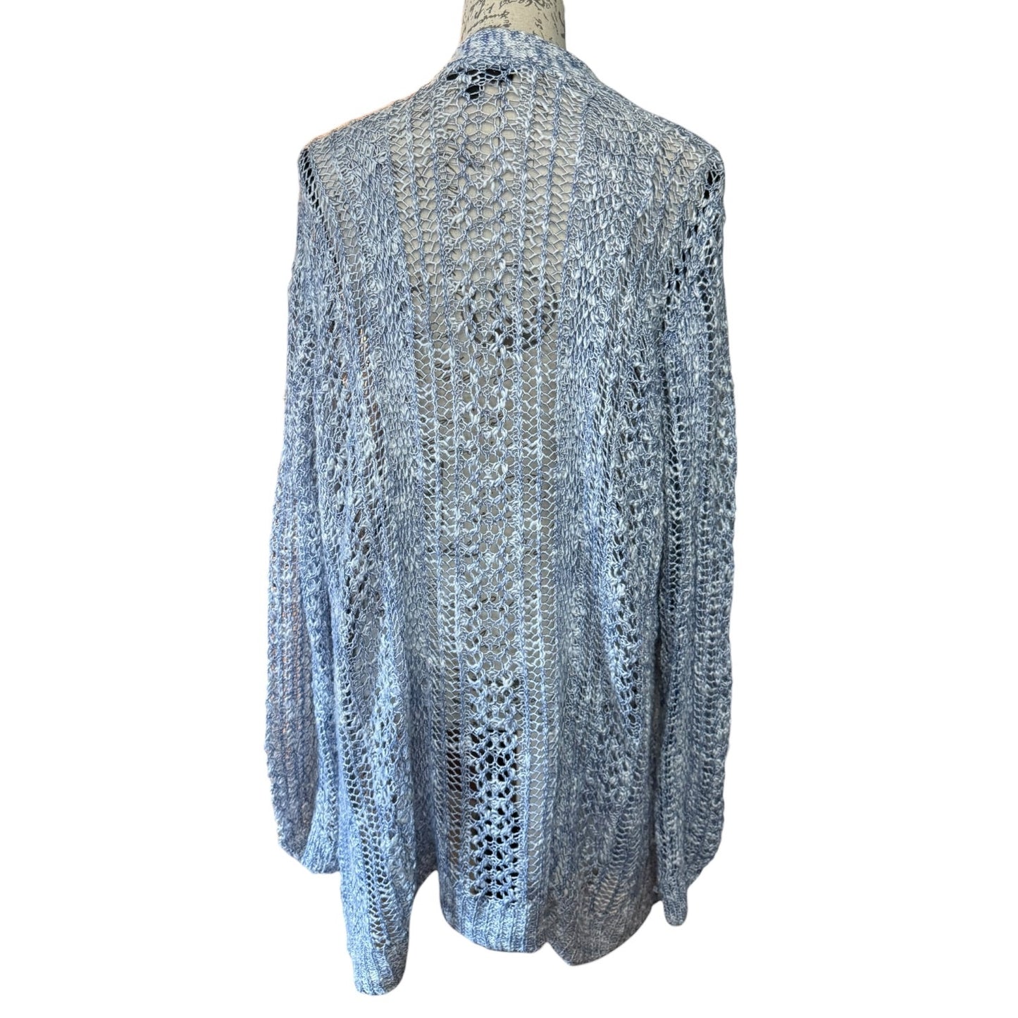 Back of Light blue knitted cardigan on a mannequin against a white background